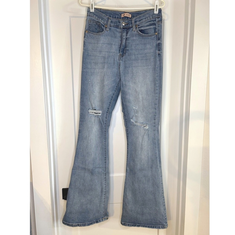 CP Jeans Juniors Size 7 28 Distressed Flare Stretch Jeans Light Wash Boho Y2K